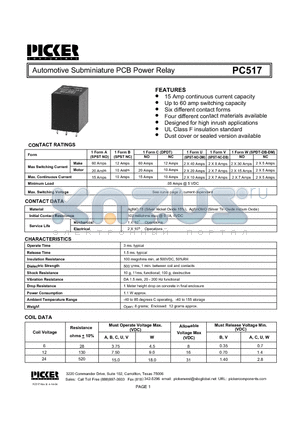 PC5171B-12C datasheet - Automotive Subminiature PCB Power Relay