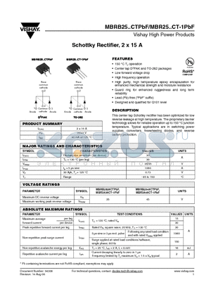 MBRB2535CTTRRP datasheet - Schottky Rectifier, 2 x 15 A