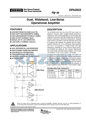 OPA2822E/250 datasheet - Dual, Wideband, Low-Noise Operational Amplifier