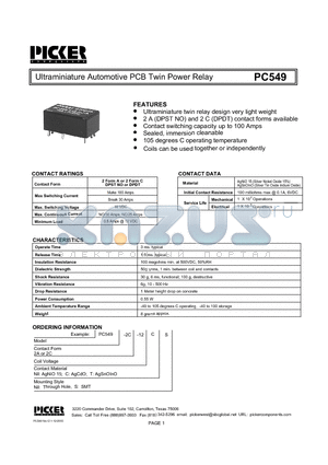 PC549 datasheet - Ultraminiature Automotive PCB Twin Power Relay