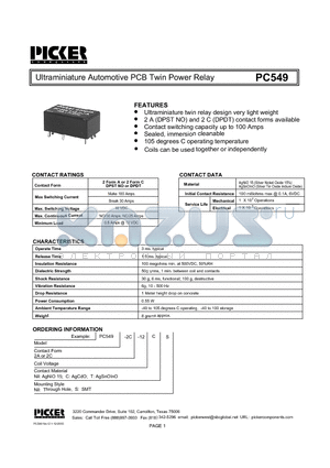 PC5492A-12 datasheet - Ultraminiature Automotive PCB Twin Power Relay