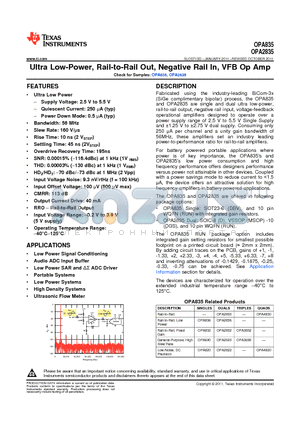 OPA2835 datasheet - Ultra Low-Power, Rail-to-Rail Out, Negative Rail In, VFB Op Amp
