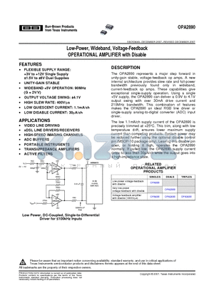 OPA2889 datasheet - Low-Power, Wideband, Voltage-Feedback OPERATIONAL AMPLIFIER with Disable