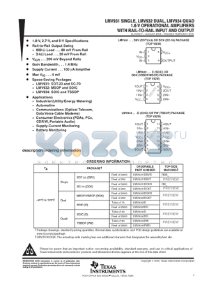 LMV931IDBVT datasheet - 1.8-V OPERATIONAL AMPLIFIERS WITH RAIL-TO-RAIL INPUT AND OUTPUT