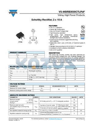 MBRB3030CTLPBF datasheet - Schottky Rectifier, 2 x 15 A