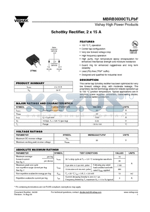 MBRB3030CTLTRRPBF datasheet - Schottky Rectifier, 2 x 15 A