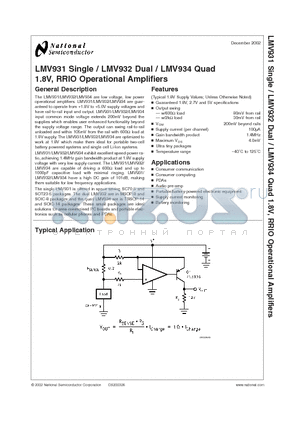 LMV932MMX datasheet - 1.8V, RRIO Operational Amplifiers