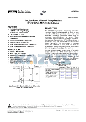 OPA2889IDGST datasheet - Dual, Low-Power, Wideband, Voltage Feedback OPERATIONAL AMPLIFIER with Disable