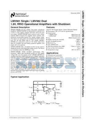 LMV981BLX datasheet - 1.8V, RRIO Operational Amplifiers with Shutdown