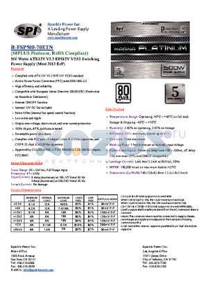 R-FSP500-70ETN datasheet - 500 Watts ATX12V V2.3 EPS12V V2.92 Switching Power Supply