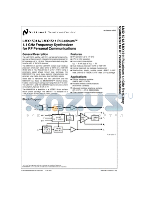 LMX1511 datasheet - PLLatinumTM 1.1 GHz Frequency Synthesizer for RF Personal Communications