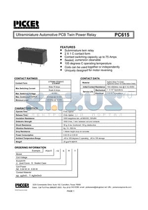 PC615 datasheet - Ultraminiature Automotive PCB Twin Power Relay