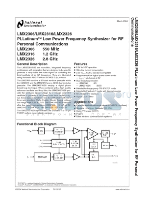 LMX2306 datasheet - PLLatinum Low Power Frequency Synthesizer for RF Personal Communications