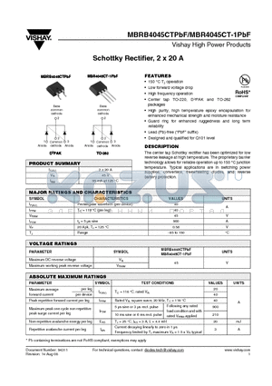 MBRB4045CT-1TRLPBF datasheet - Schottky Rectifier, 2 x 20 A