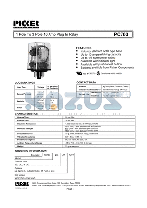PC7031C-12M datasheet - 1 Pole To 3 Pole 10 Amp Plug In Relay