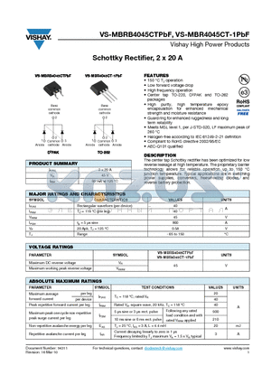 MBRB4045CTTRRPBF datasheet - Schottky Rectifier, 2 x 20 A