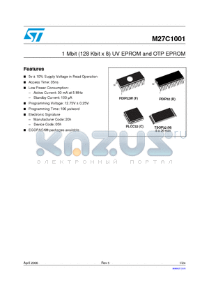 M27C1001-15NTR datasheet - 1 Mbit (128 Kbit x 8) UV EPROM and OTP EPROM