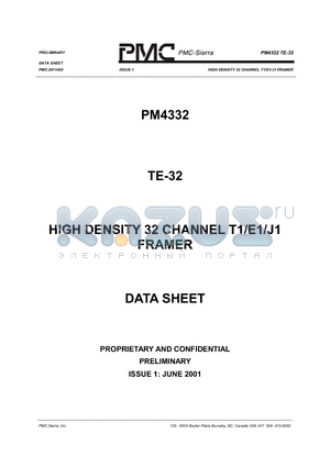 PM4332 datasheet - HIGH DENSITY 32 CHANNEL T1/E1/J1 FRAMER
