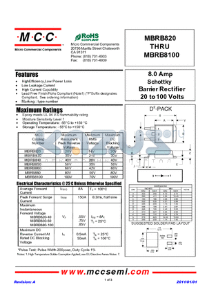 MBRB8100 datasheet - 8.0 Amp Schottky Barrier Rectifier 20 to 100 Volts