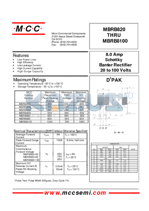 MBRB820 datasheet - Schott ky Barrier Rectifier 20 to 100 Volts 8.0 Am p