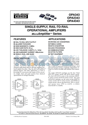 OPA343 datasheet - SINGLE-SUPPLY, RAIL-TO-RAIL OPERATIONAL AMPLIFIERS MicroAmplifier  Series