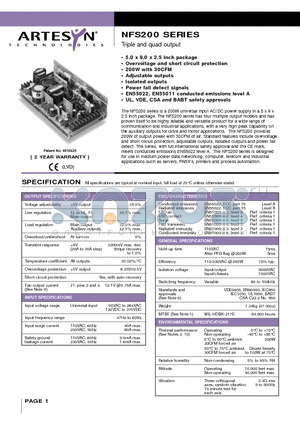 NFS200-7603 datasheet - Triple and quad output 200 Watt AC/DC universal input switch mode power supplies