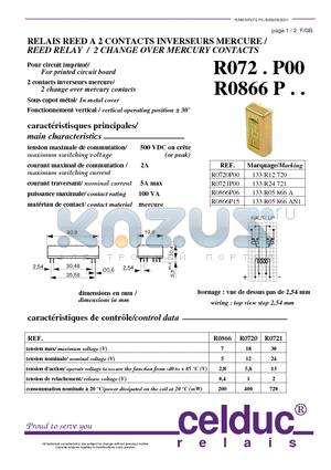 R0866P15 datasheet - REED RELAY / 2 CHANGE OVER MERCURY CONTACTS