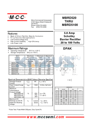 MBRD520 datasheet - Schottky Barrier Rectifier 20 to 100 Volts 5.0 Amp