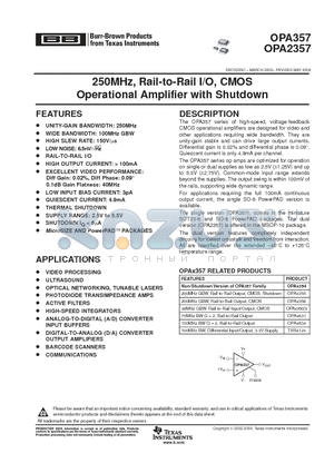 OPA357AIDBVR datasheet - 250MHz, Rail-to-Rail I/O, CMOS Operational Amplifier with Shutdown