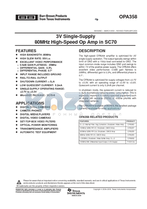 OPA358AIDCKR datasheet - 3V Single-Supply 80MHz High-Speed Op Amp in SC70