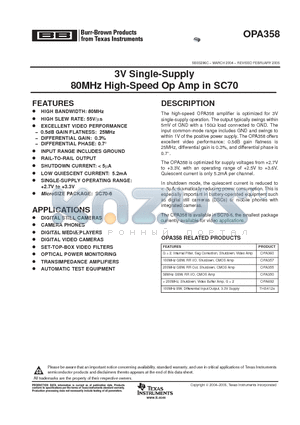 OPA358AIDCKT datasheet - 3V Single-Supply 80MHz High-Speed Op Amp in SC70