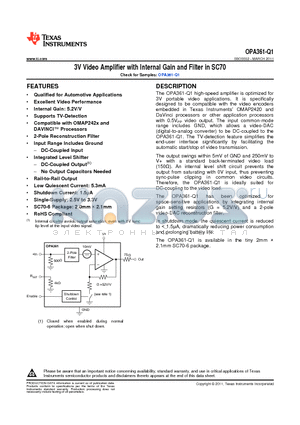 OPA361AQDCKRQ1 datasheet - 3V Video Amplifier with Internal Gain and Filter in SC70