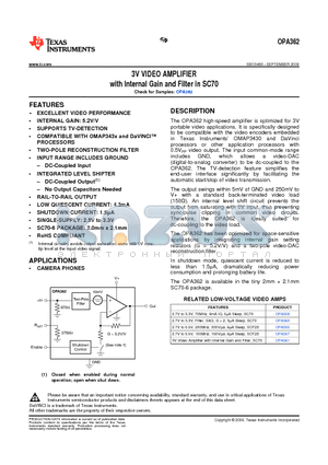 OPA362AIDCKR datasheet - 3V VIDEO AMPLIFIER with Internal Gain and Filter in SC70