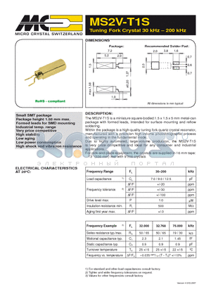 MS2V-T1S datasheet - Tuning Fork Crystal 30 kHz - 200 kHz