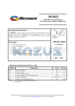 MS3023 datasheet - RF & Microwave Transistors General Purpose Amplifier Applications