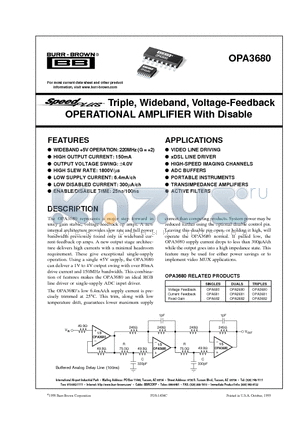OPA3680 datasheet - Triple, Wideband, Voltage-Feedback OPERATIONAL AMPLIFIER With Disable