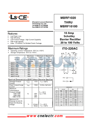 MBRF10100 datasheet - 10Amp schottky barrier rectifier 20to100 volts