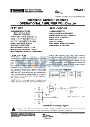 OPA3691 datasheet - Wideband, Current Feedback OPERATIONAL AMPLIFIER With Disable