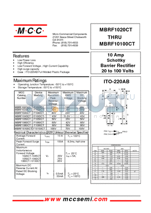 MBRF10100CT datasheet - 10 Amp Schottky Barrier Rectifier 20 to 100 Volts