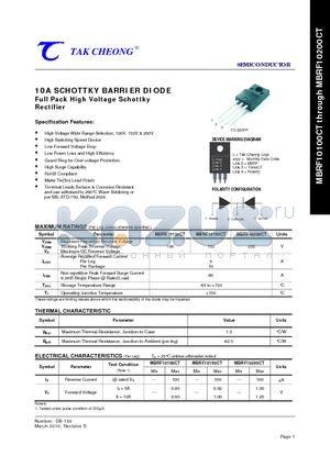 MBRF10100CT datasheet - 10A SCHOTTKY BARRIER DIODE Full Pack High Voltage Schottky Rectifier