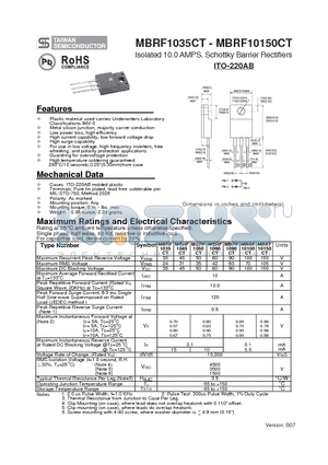 MBRF10150CT datasheet - Isolated 10.0 AMPS. Schottky Barrier Rectifiers