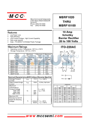 MBRF1020 datasheet - 10 Amp Schottky Barrier Rectifier 20 to 100 Volts