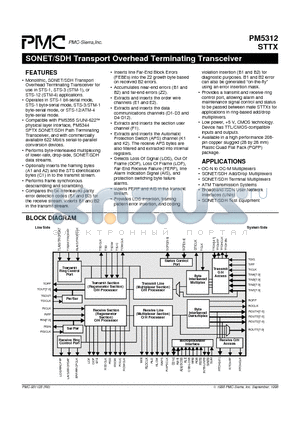 PM5312 datasheet - SONET/SDH Transport Overhead Terminating Transceiver