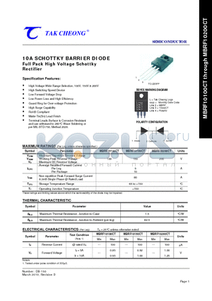 MBRF10200CT datasheet - 10A SCHOTTKY BARRIER DIODE Full Pack High Voltage Schottky Rectifier