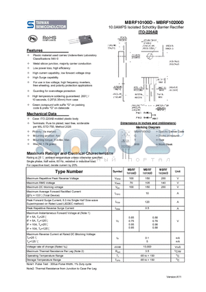 MBRF10200D datasheet - 10.0AMPS Isolated Schottky Barrier Rectifier