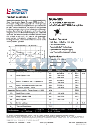 NGA-586 datasheet - DC-5.5 GHZ CASCADABLE IN GAP /GAAS MMIC AMPLIFIER