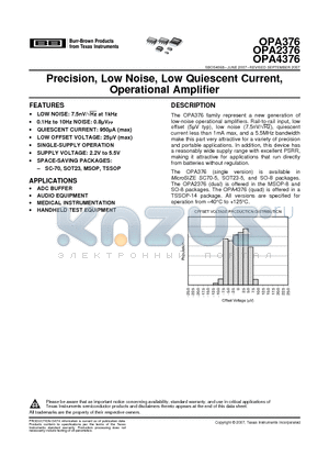 OPA376 datasheet - Precision, Low Noise, Low Quiescent Current, Operational Amplifier