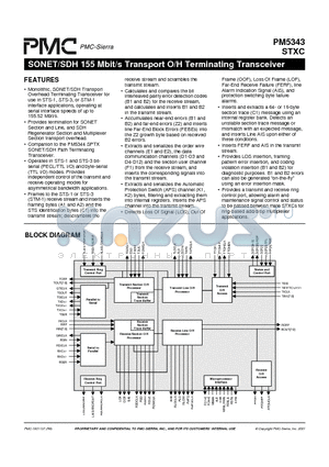 PM5343-RI datasheet - SONET/SDH TRANSPORT OVERHEAD TRANSCEIVER