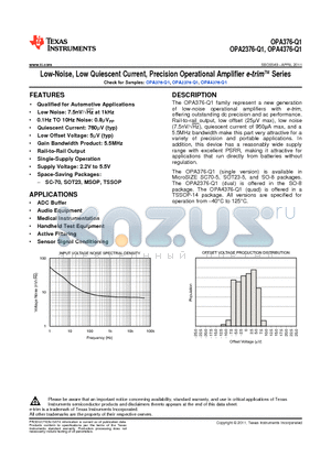 OPA376AQDBVRQ1 datasheet - Low-Noise, Low Quiescent Current, Precision Operational Amplifier e-trim Series