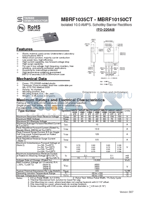 MBRF1035CT datasheet - Isolated 10.0 AMPS. Schottky Barrier Rectifiers